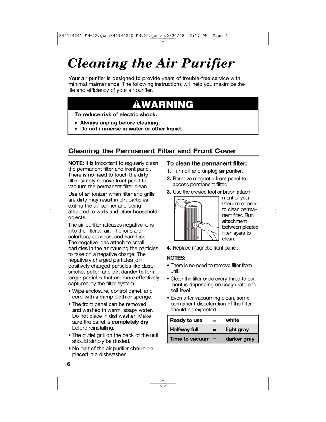 Hamilton Beach 840144201, 04992F manual Cleaning the Air Purifier, Cleaning the Permanent Filter and Front Cover 