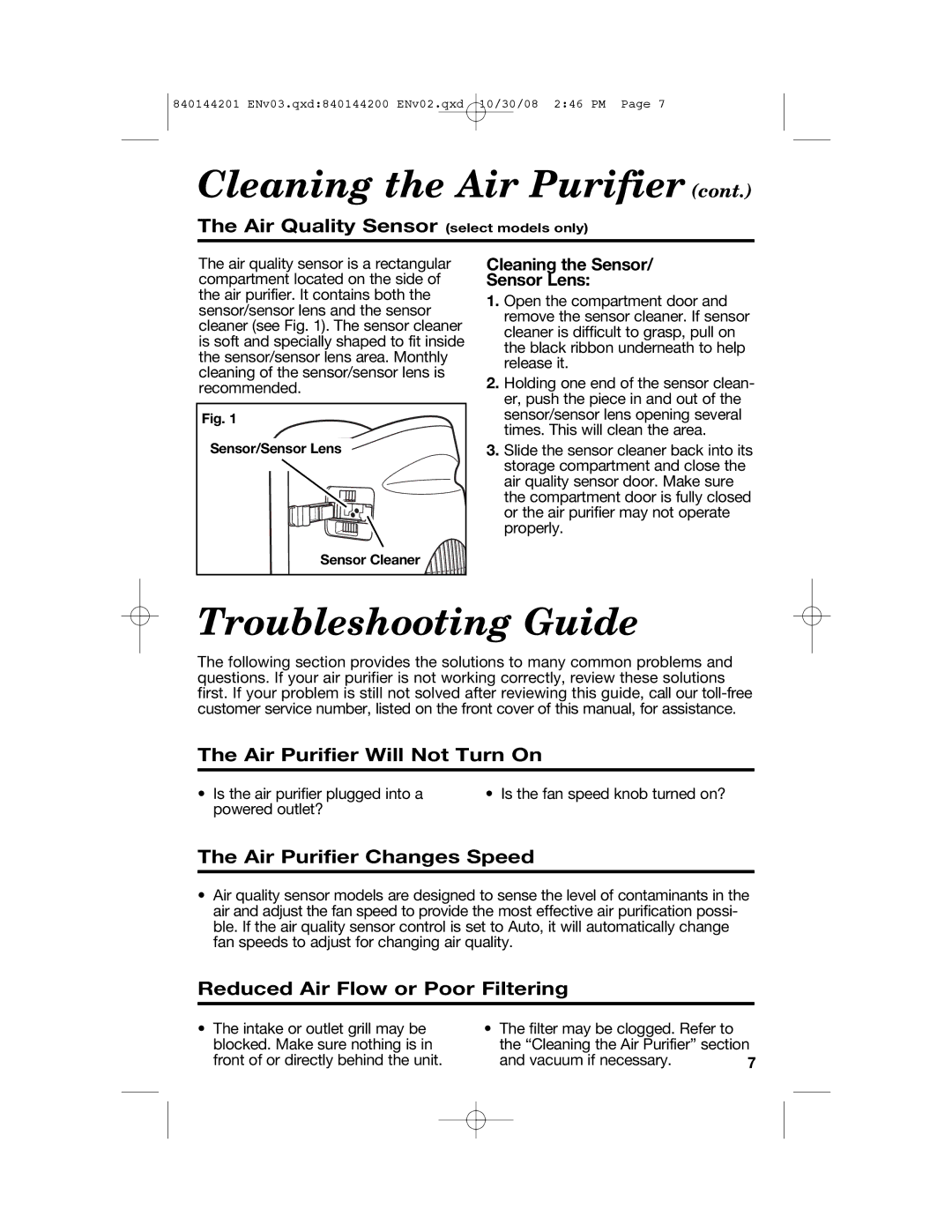 Hamilton Beach 04992F manual Troubleshooting Guide, Air Quality Sensor select models only, Air Purifier Will Not Turn On 