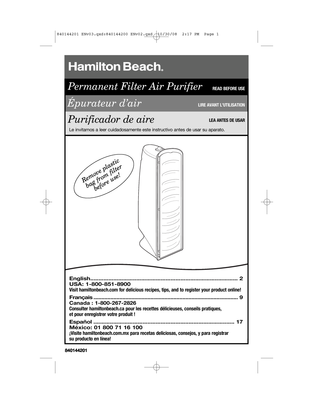 Hamilton Beach 04992F manual Permanent Filter Air Purifier READ BEFORE USE, Épurateur d’air, Purificador de aire, plastic 