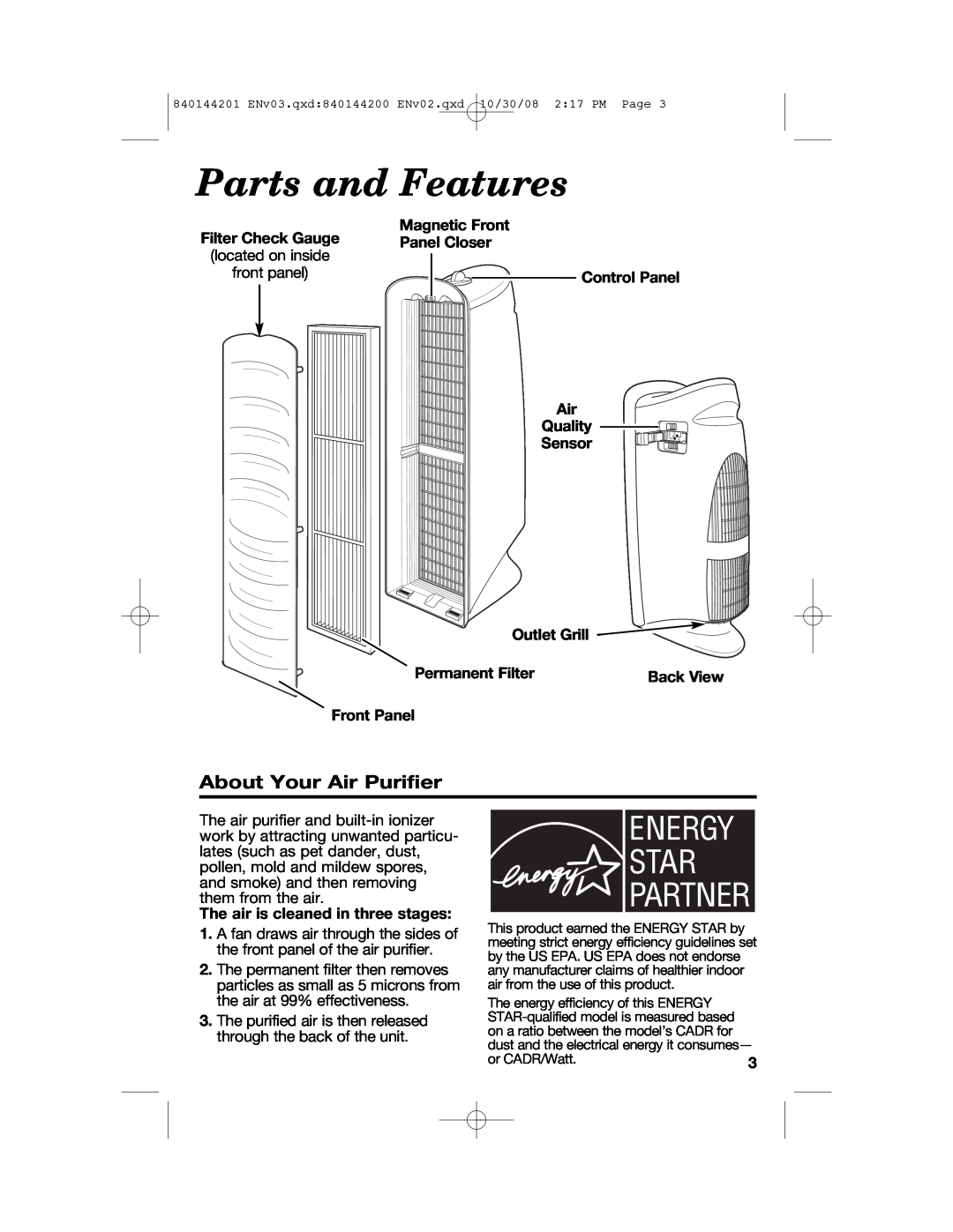 Hamilton Beach 04992F, 840144201 manual Parts and Features, About Your Air Purifier 