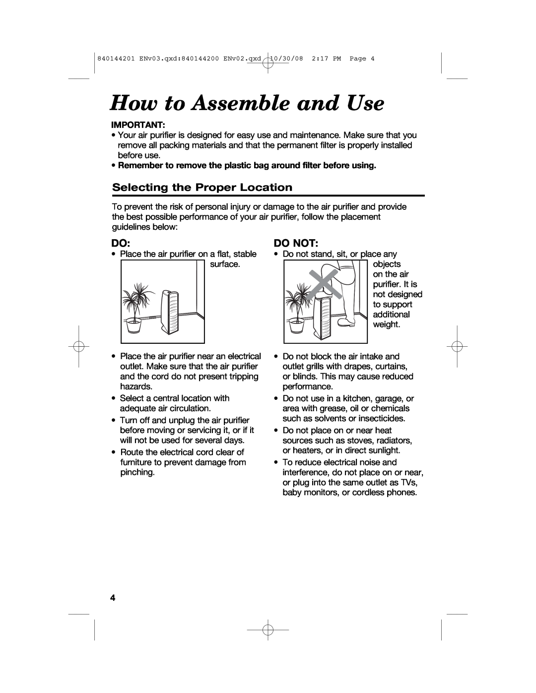 Hamilton Beach 840144201, 04992F manual How to Assemble and Use, Selecting the Proper Location, Do Not 