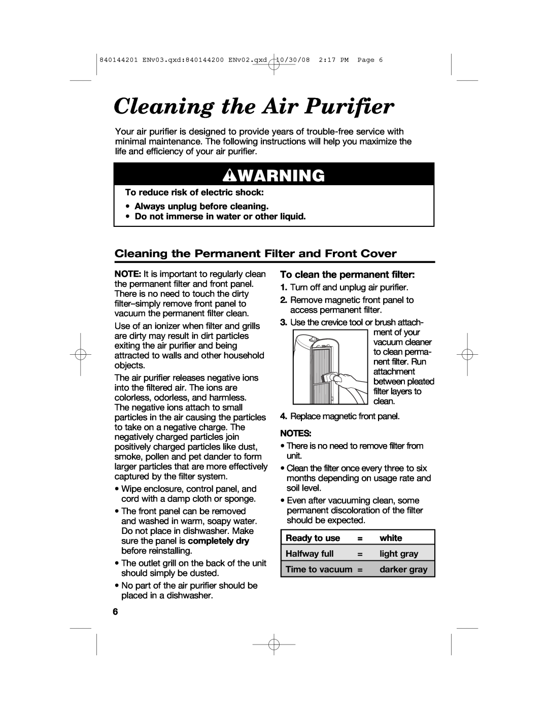 Hamilton Beach 840144201, 04992F manual Cleaning the Air Purifier, wWARNING, Cleaning the Permanent Filter and Front Cover 