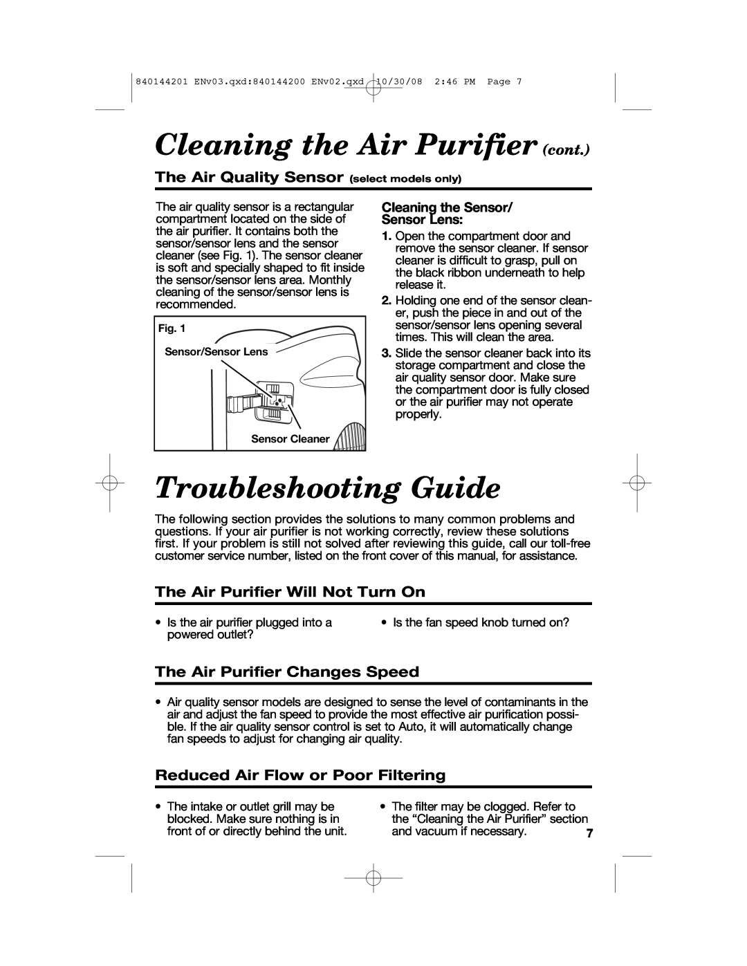 Hamilton Beach 04992F Cleaning the Air Purifier cont, Troubleshooting Guide, The Air Quality Sensor select models only 