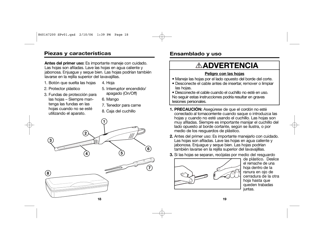 Hamilton Beach 840147200 manual Piezas y características, Ensamblado y uso, Peligro con las hojas 