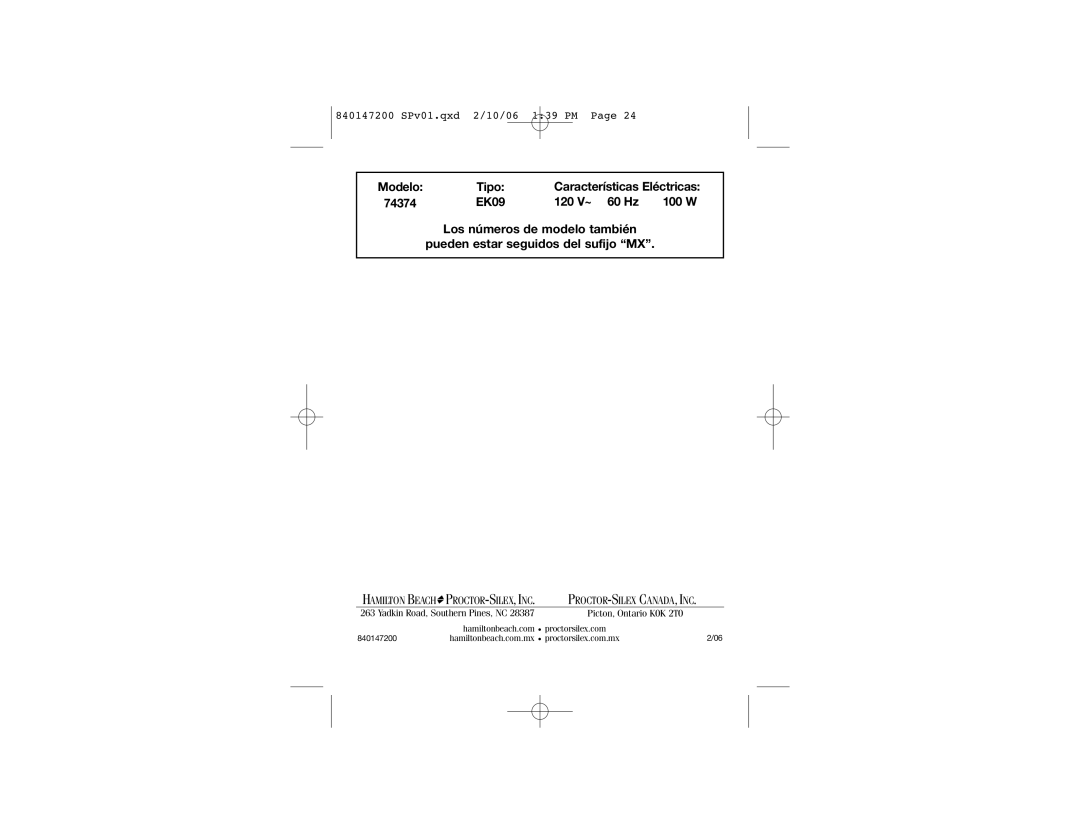 Hamilton Beach 840147200 manual Modelo Tipo 