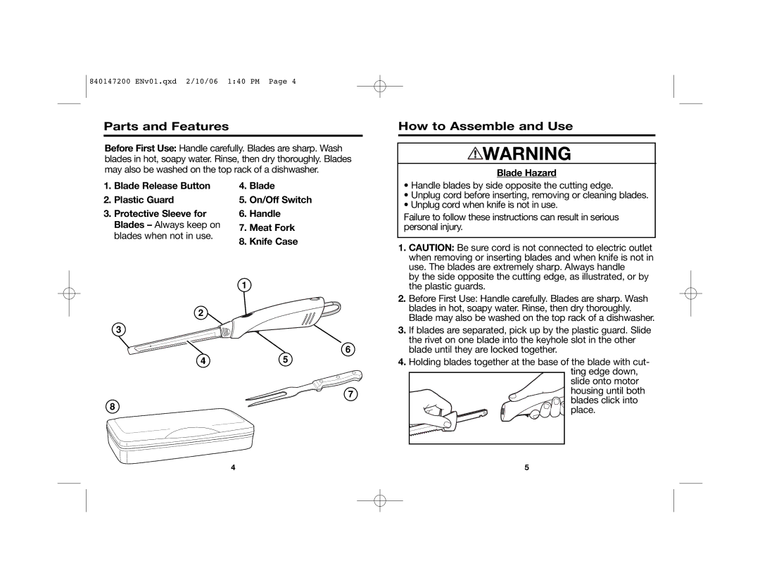 Hamilton Beach 840147200 Parts and Features, How to Assemble and Use, Blade Hazard Blade Release Button Plastic Guard 