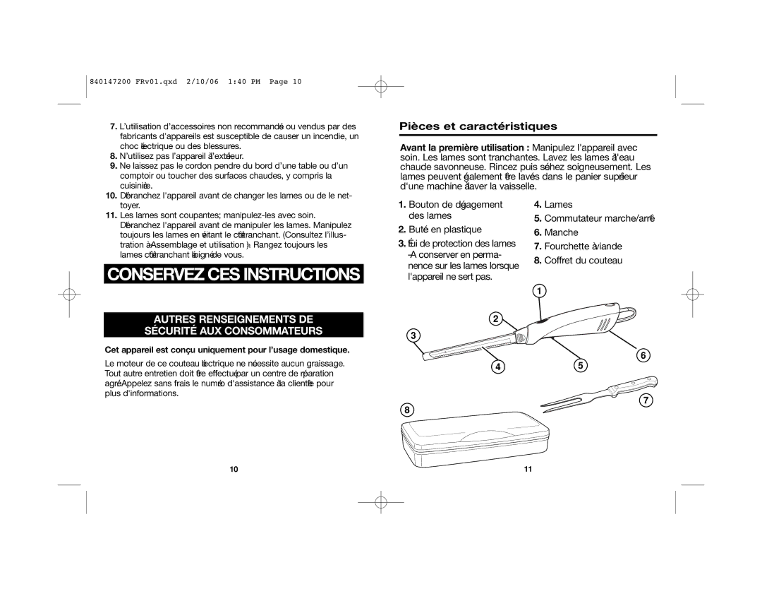 Hamilton Beach 840147200 manual Conservez CES Instructions, Cet appareil est conçu uniquement pour l’usage domestique 