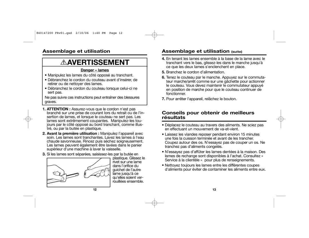 Hamilton Beach 840147200 manual Assemblage et utilisation suite, Conseils pour obtenir de meilleurs résultats 