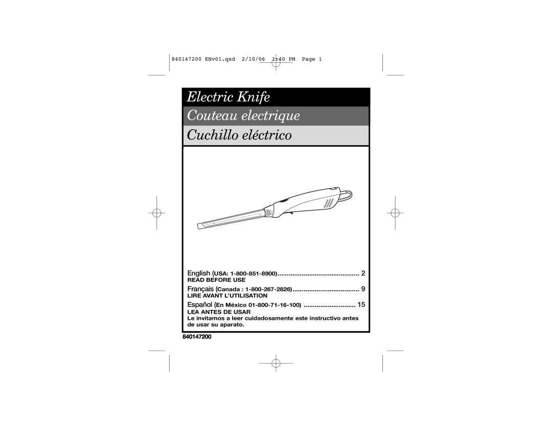 Hamilton Beach 840147200 manual Electric Knife Couteau electrique, Cuchillo eléctrico, English USA, Read Before Use 