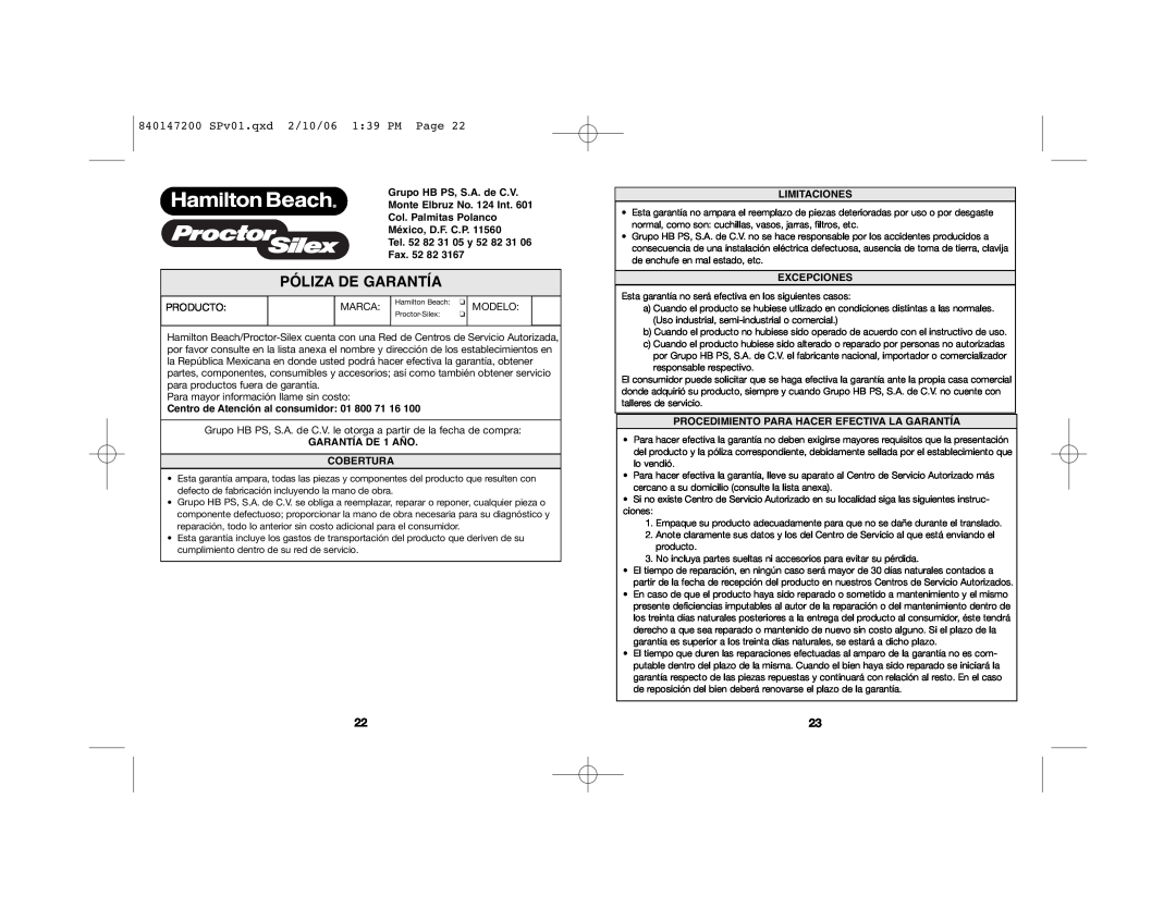 Hamilton Beach manual Póliza De Garantía, 840147200 SPv01.qxd 2/10/06 139 PM Page, Fax. 52, GARANTÍA DE 1 AÑO COBERTURA 