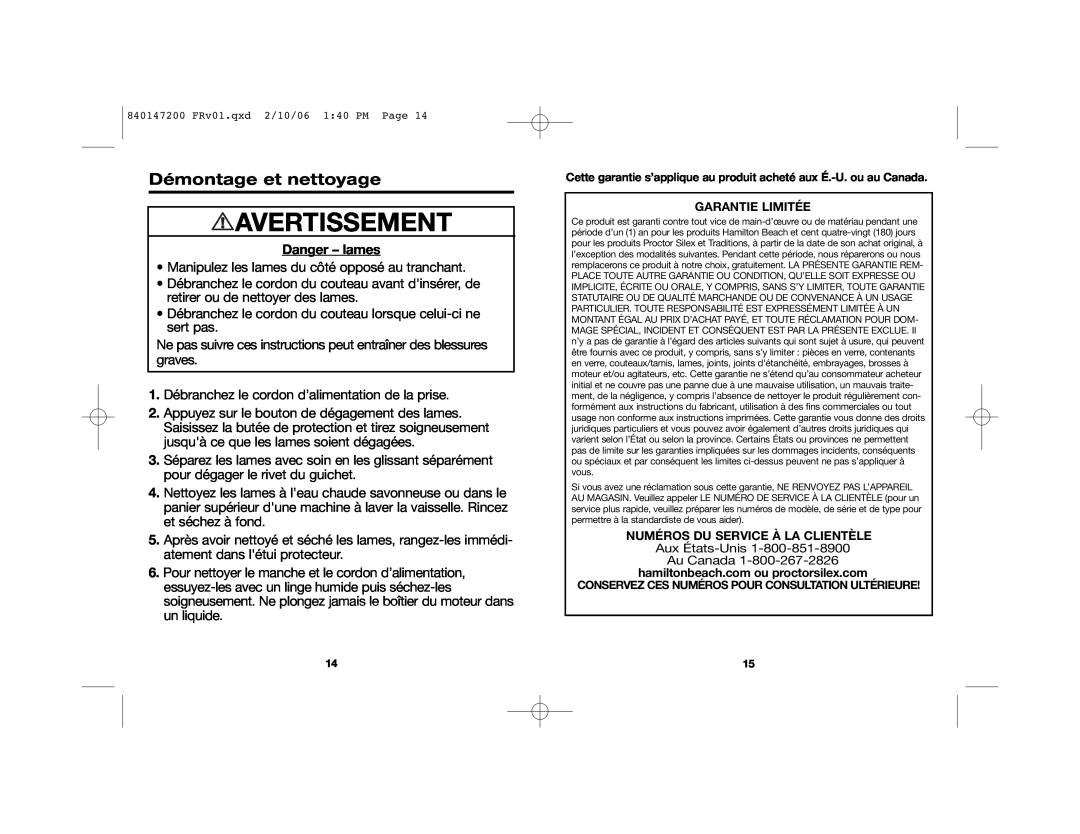 Hamilton Beach 840147200 manual Démontage et nettoyage, Aux États-Unis Au Canada, Avertissement, Danger - lames 