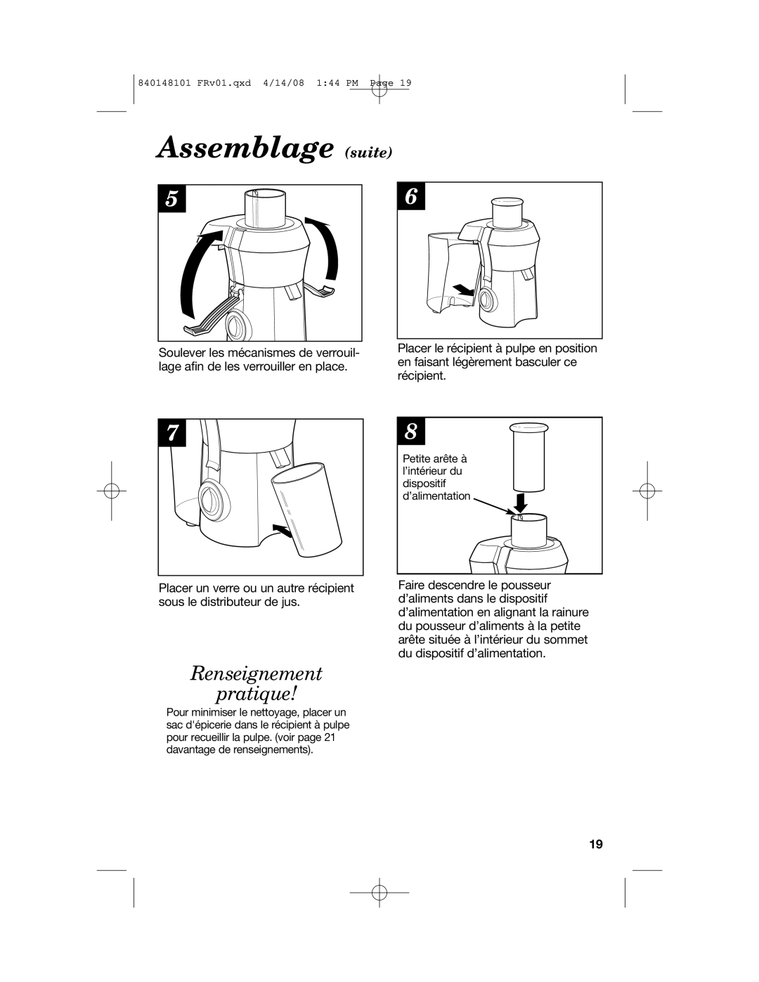 Hamilton Beach 840148101 manual Assemblage suite, Renseignement Pratique 