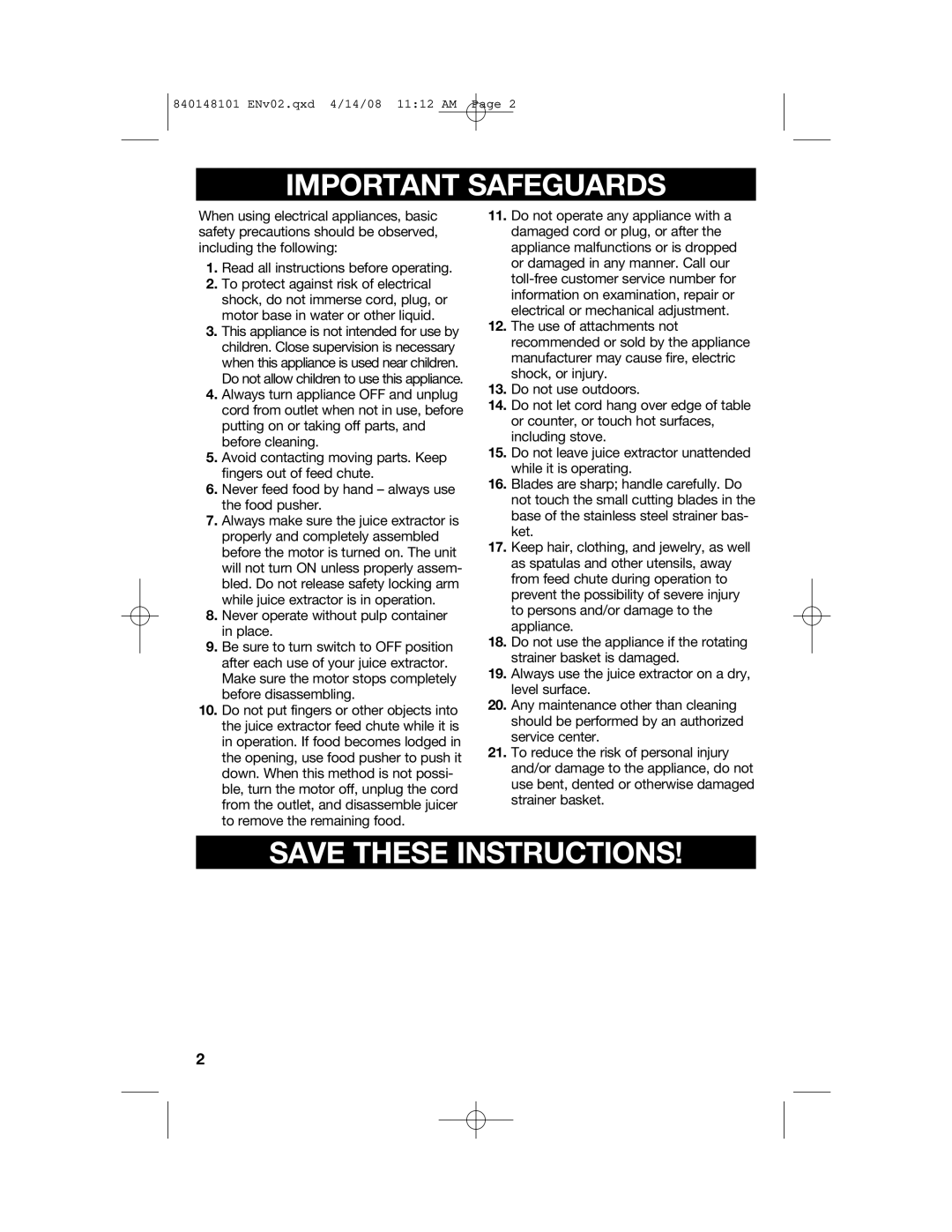 Hamilton Beach 840148101 manual Important Safeguards 