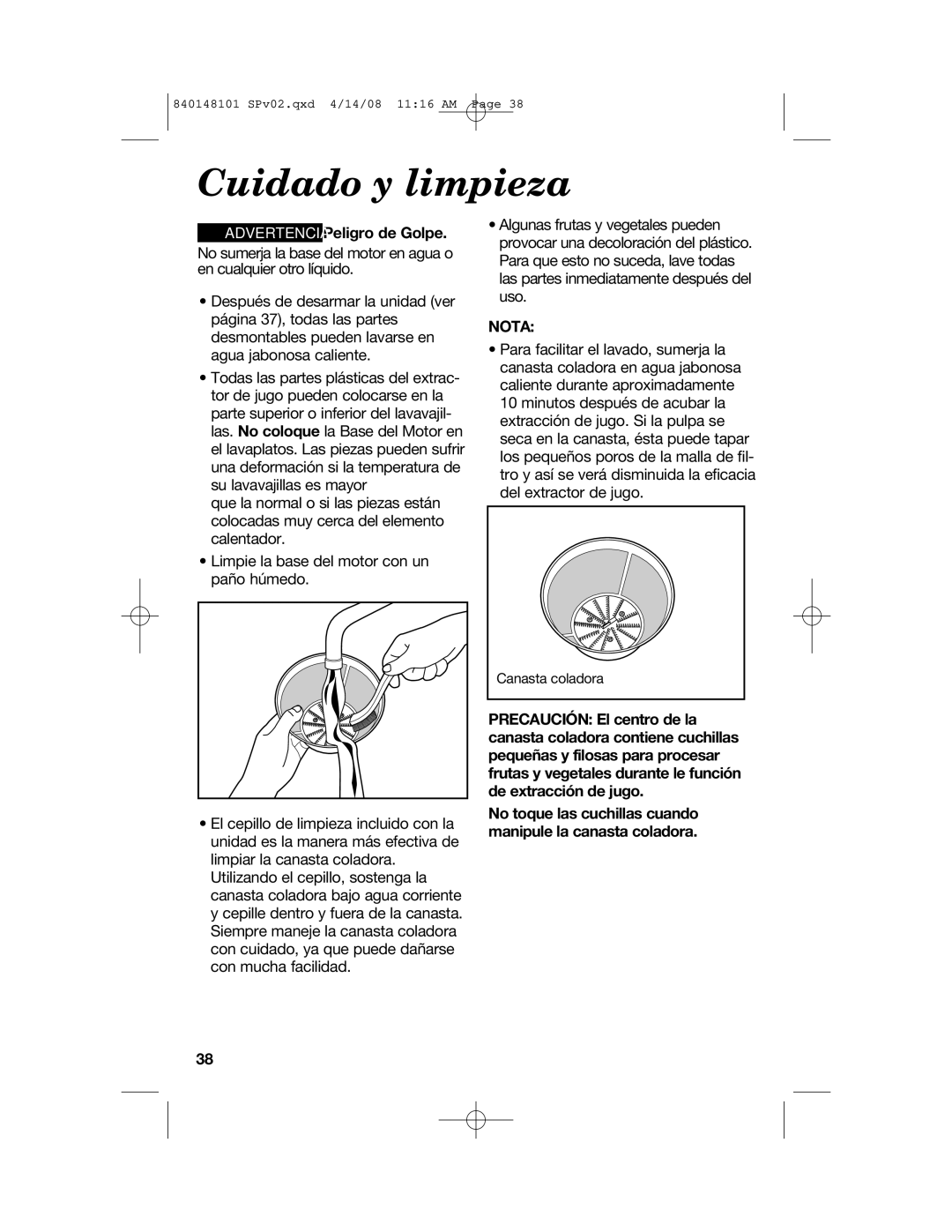 Hamilton Beach 840148101 manual Cuidado y limpieza, Nota 