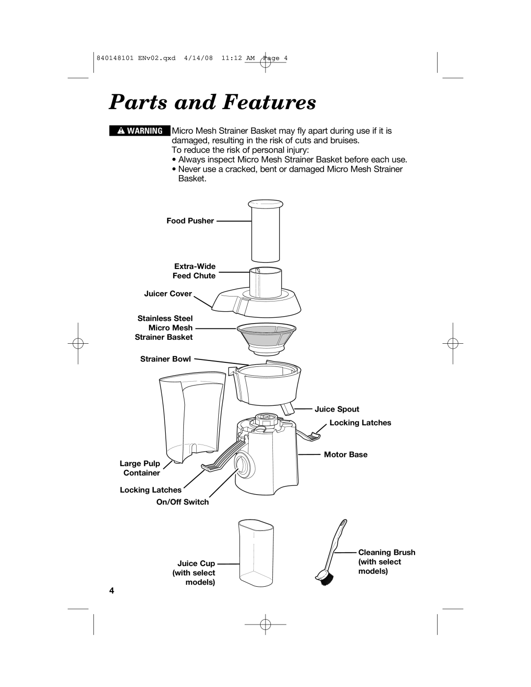 Hamilton Beach 840148101 manual Parts and Features 