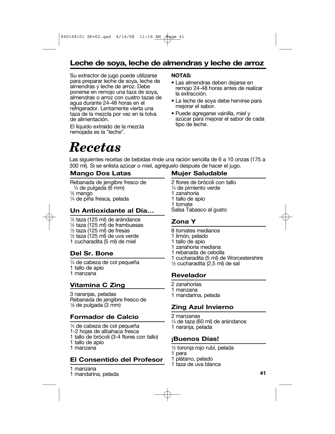 Hamilton Beach 840148101 manual Recetas, Notas 