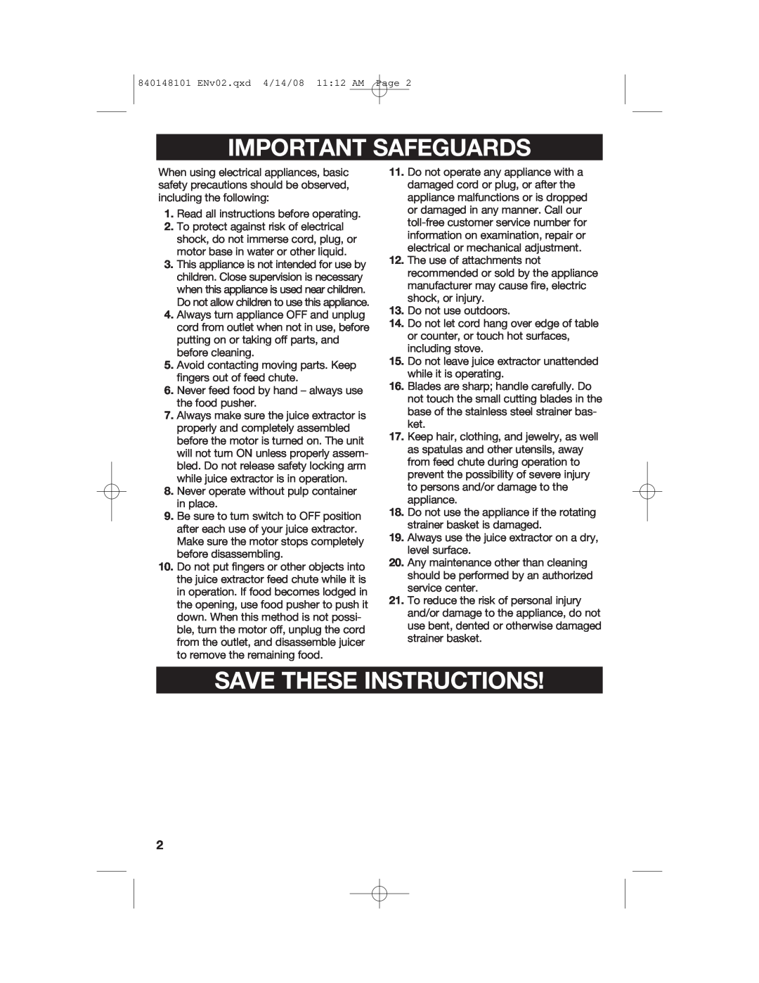 Hamilton Beach 840148101 manual Important Safeguards, Save These Instructions 