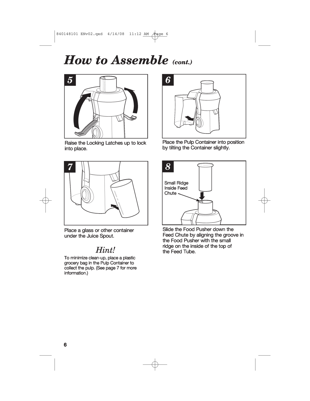 Hamilton Beach 840148101 manual How to Assemble cont, Hint 