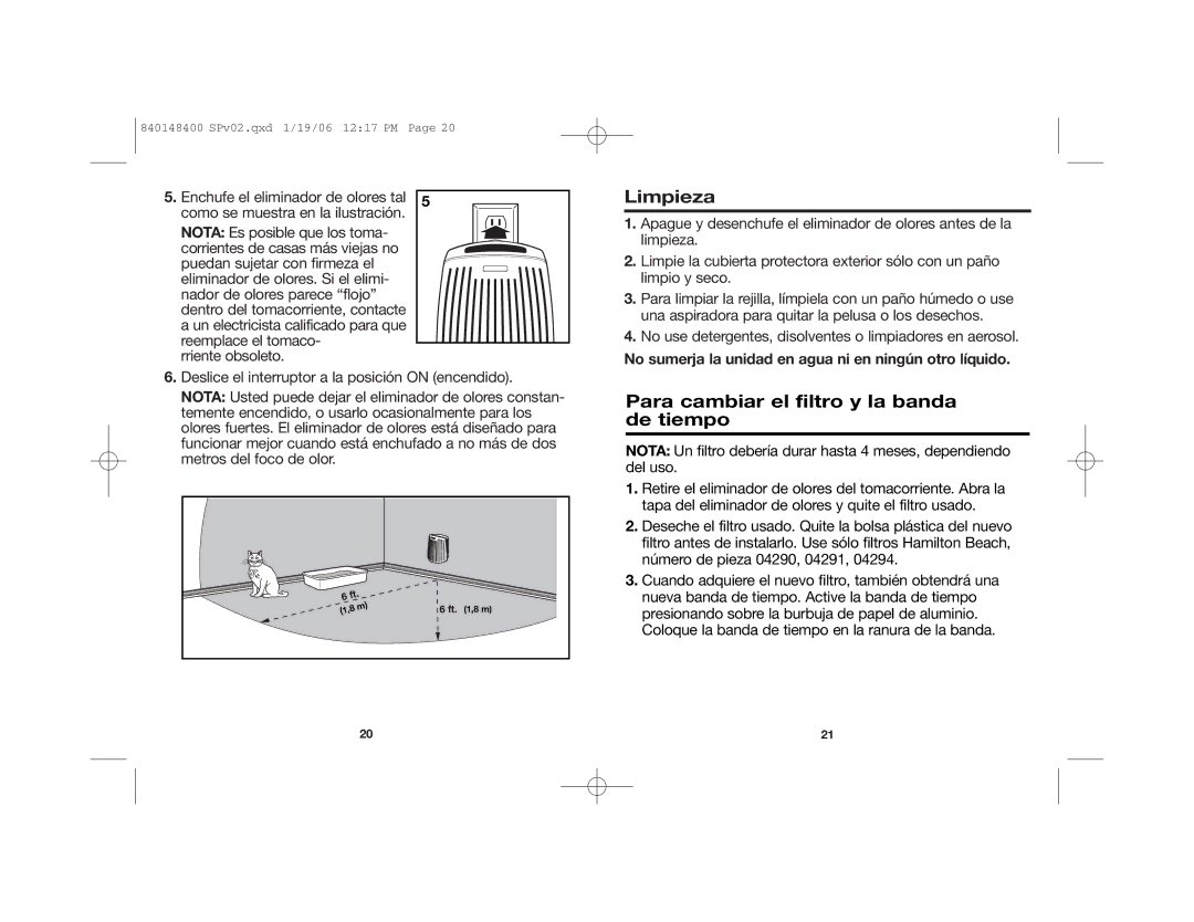 Hamilton Beach 840148400 manual Limpieza, Para cambiar el filtro y la banda de tiempo 
