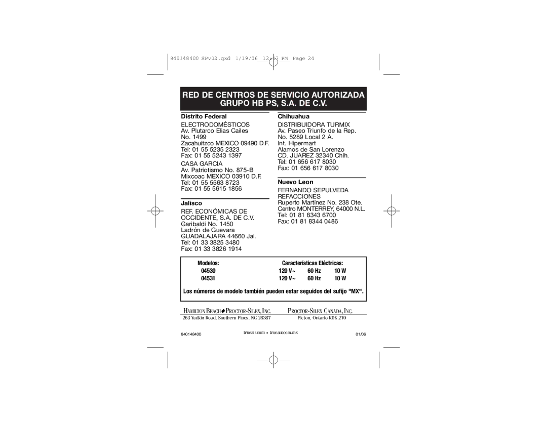 Hamilton Beach 840148400 manual 120 V~ 60 Hz 