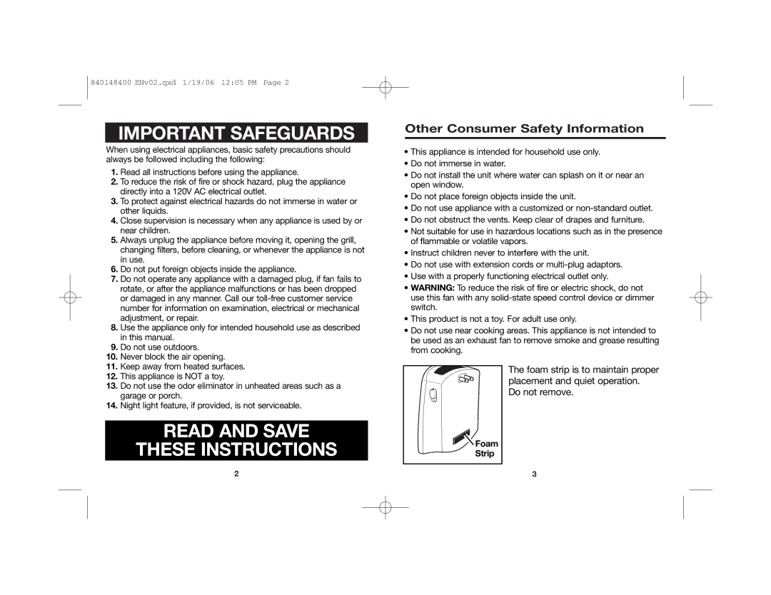 Hamilton Beach 840148400 manual Important Safeguards, Other Consumer Safety Information 