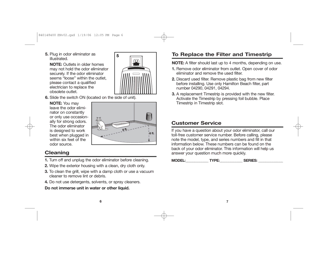 Hamilton Beach 840148400 manual Cleaning, To Replace the Filter and Timestrip, Customer Service 