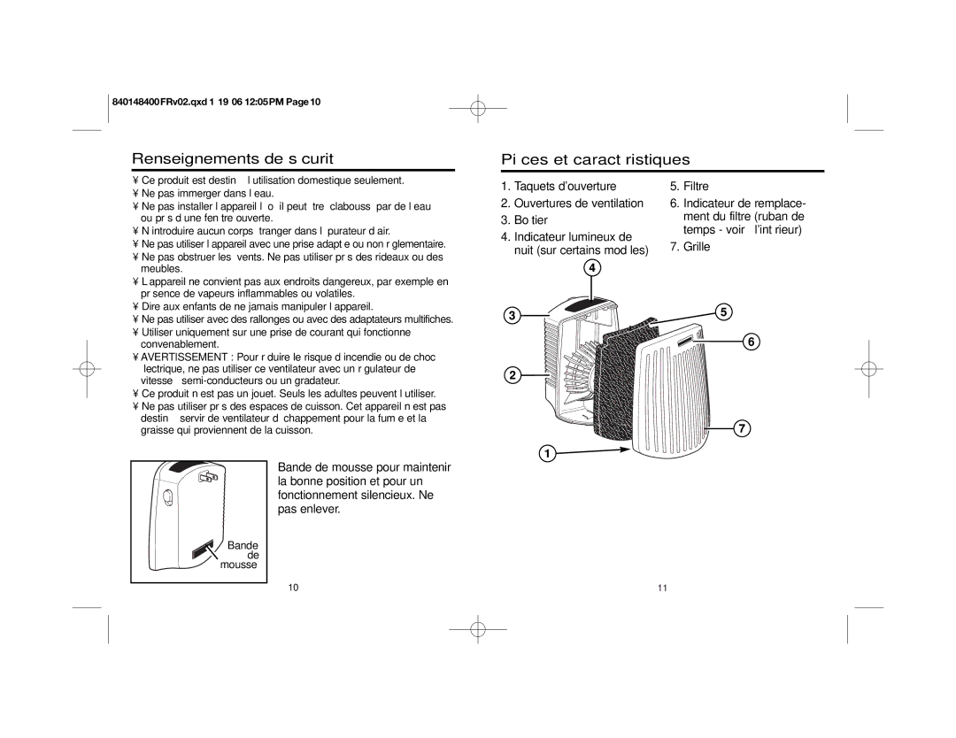 Hamilton Beach 840148400 manual Renseignements de sécurité Pièces et caractéristiques 