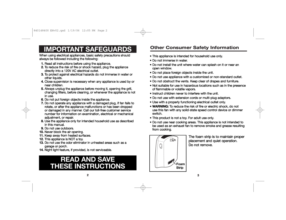 Hamilton Beach 840148400 manual Important Safeguards, Read And Save These Instructions, Other Consumer Safety Information 