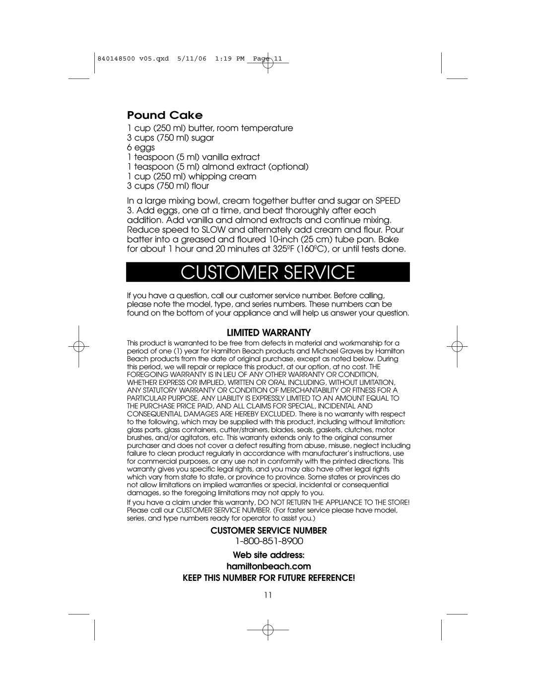 Hamilton Beach 840148500 owner manual Customer Service, Pound Cake 