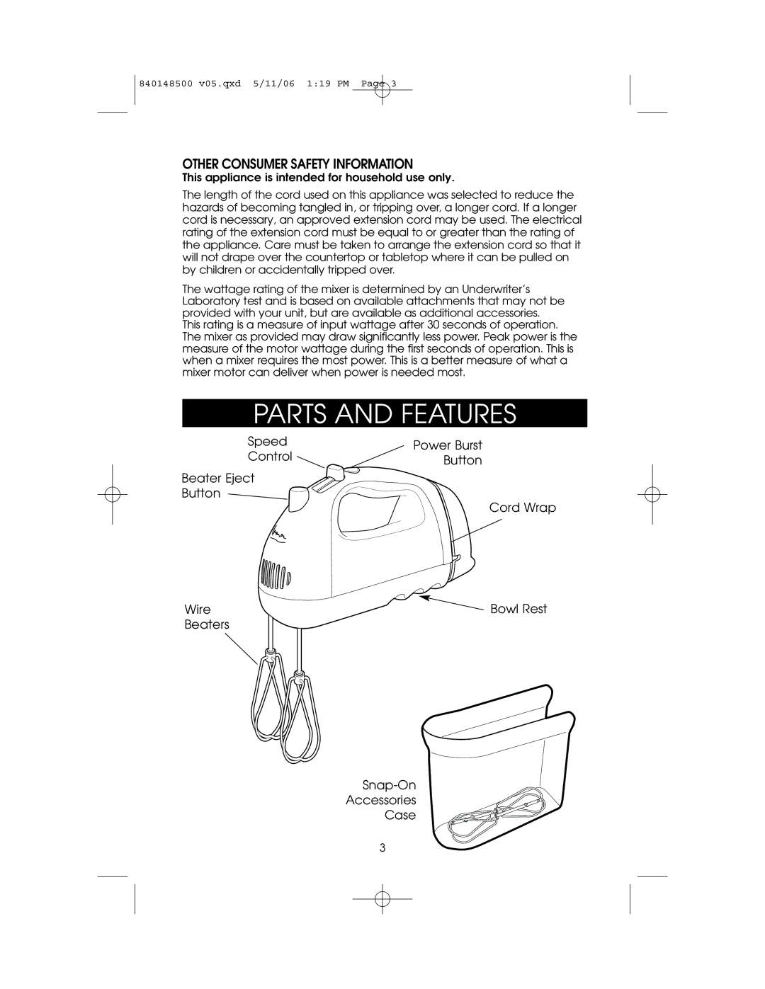 Hamilton Beach 840148500 owner manual Parts and Features, Other Consumer Safety Information 