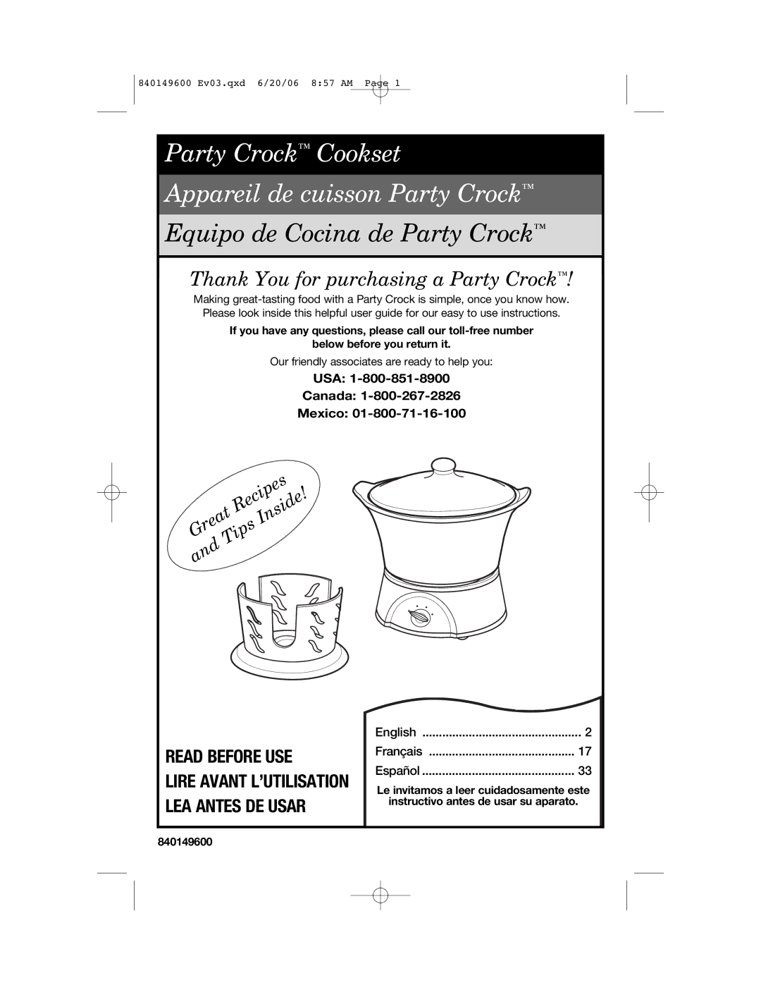 Hamilton Beach 840149600 manual Party Crock Cookset Appareil de cuisson Party Crock, USA Canada Mexico 