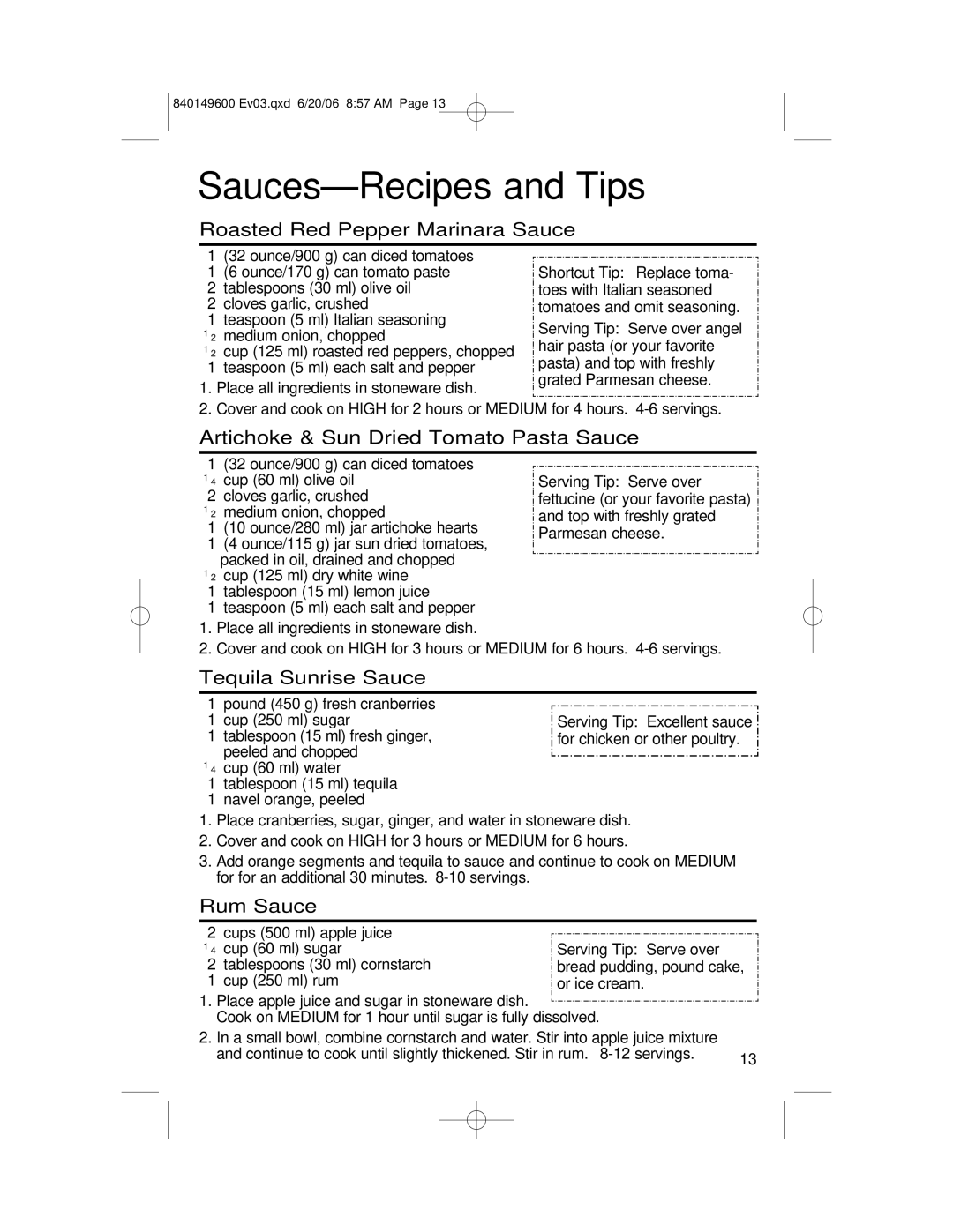 Hamilton Beach 840149600 Sauces-Recipes and Tips, Roasted Red Pepper Marinara Sauce, Tequila Sunrise Sauce, Rum Sauce 