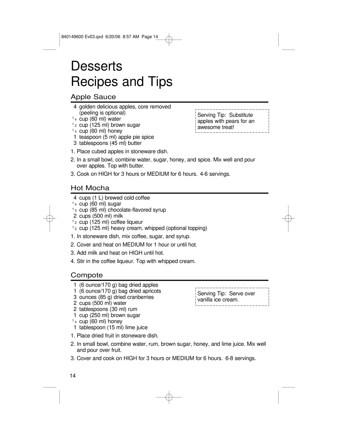 Hamilton Beach 840149600 manual Desserts Recipes and Tips, Apple Sauce, Hot Mocha, Compote 