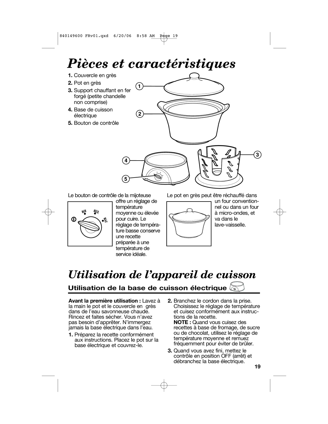 Hamilton Beach 840149600 manual Pièces et caractéristiques, Utilisation de l’appareil de cuisson 