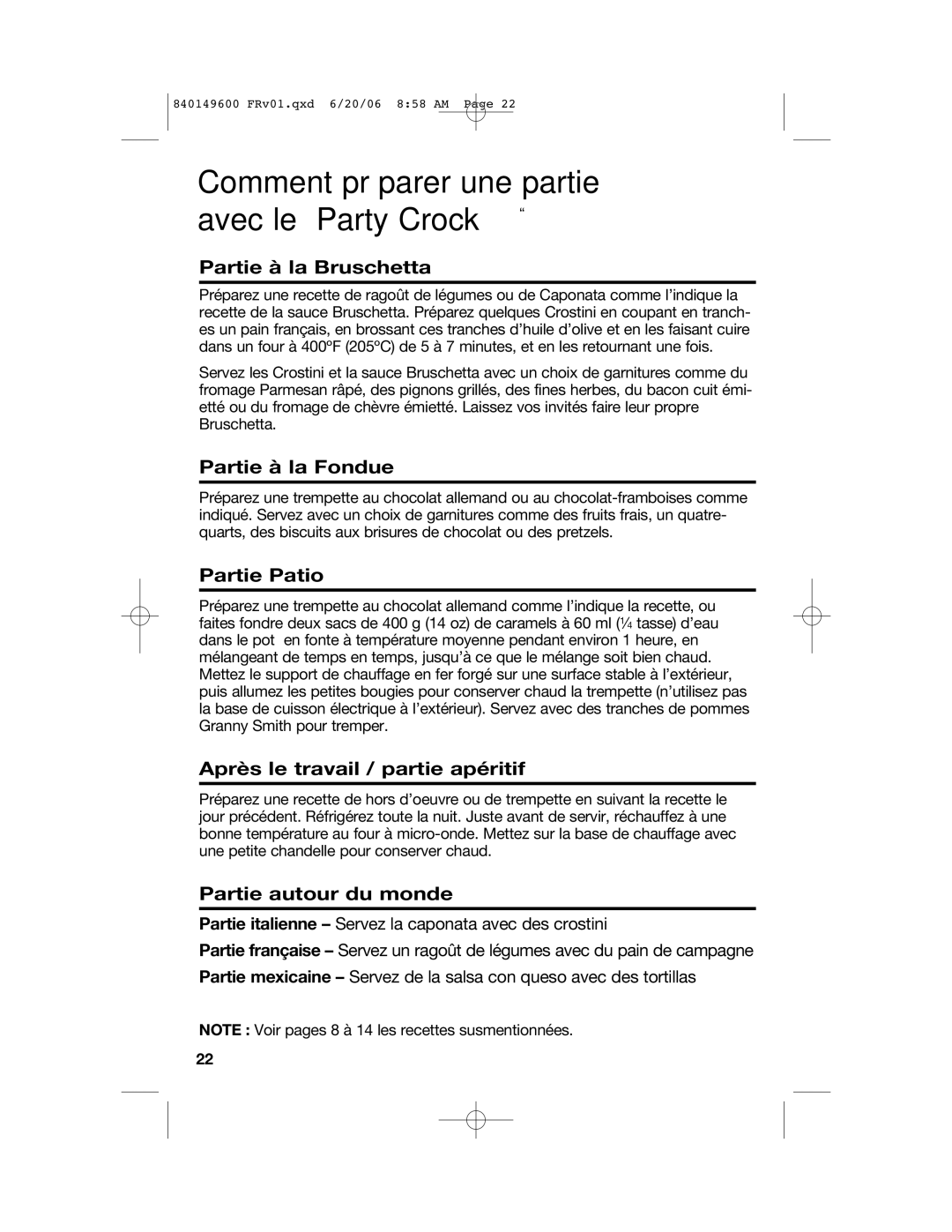 Hamilton Beach 840149600 manual Comment préparer une partie avec le Party Crock 