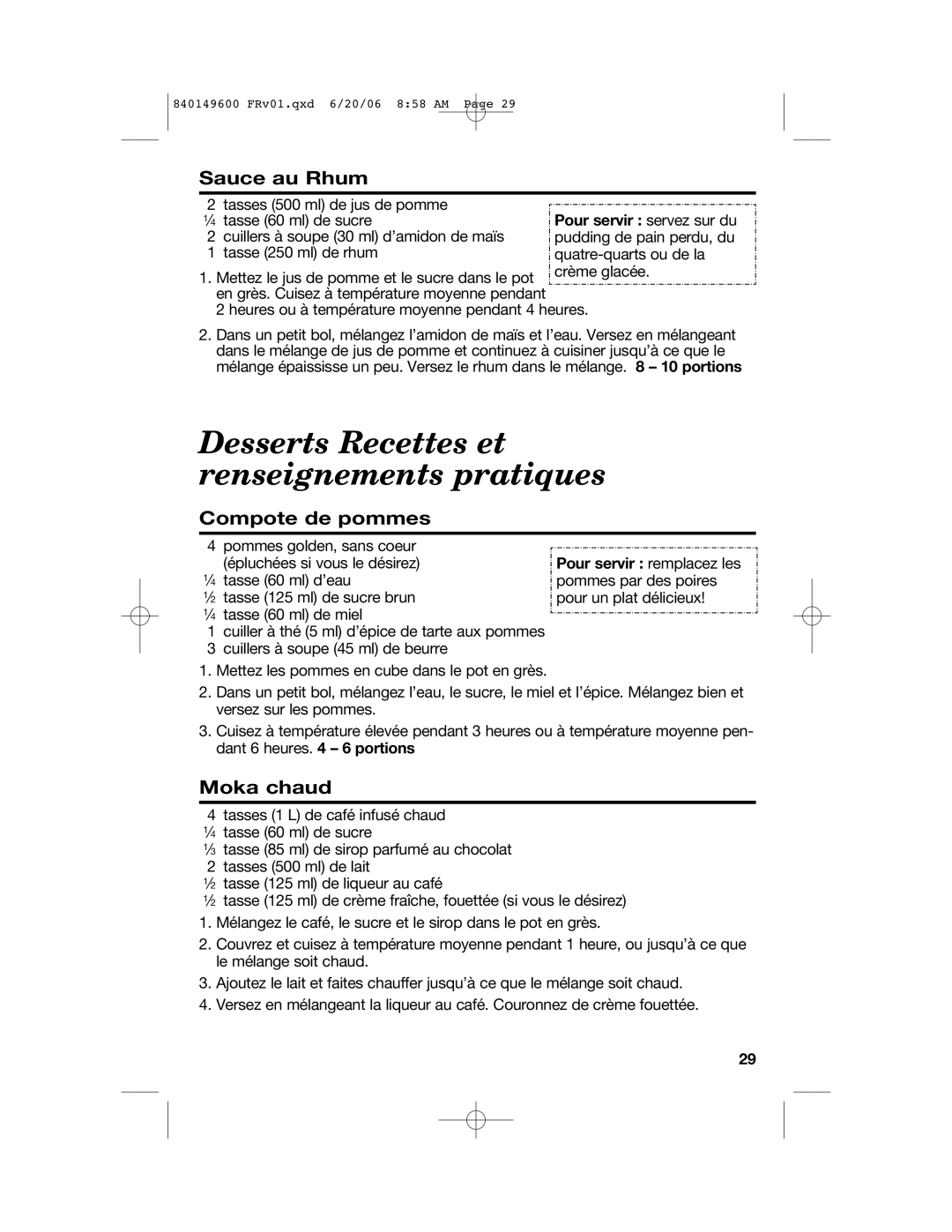 Hamilton Beach 840149600 manual Desserts Recettes et renseignements pratiques, Sauce au Rhum, Compote de pommes, Moka chaud 