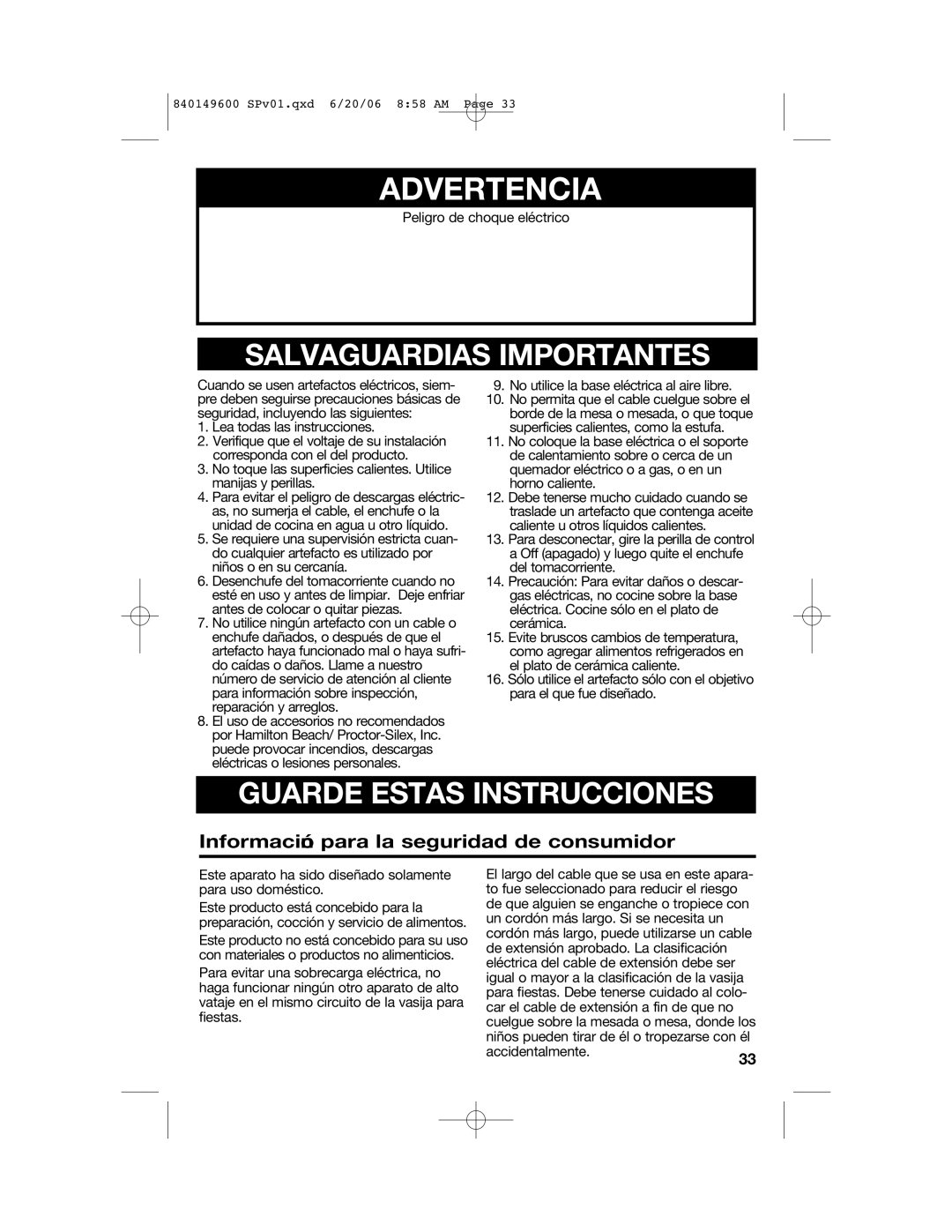 Hamilton Beach 840149600 manual Wadvertencia, Información para la seguridad de consumidor 