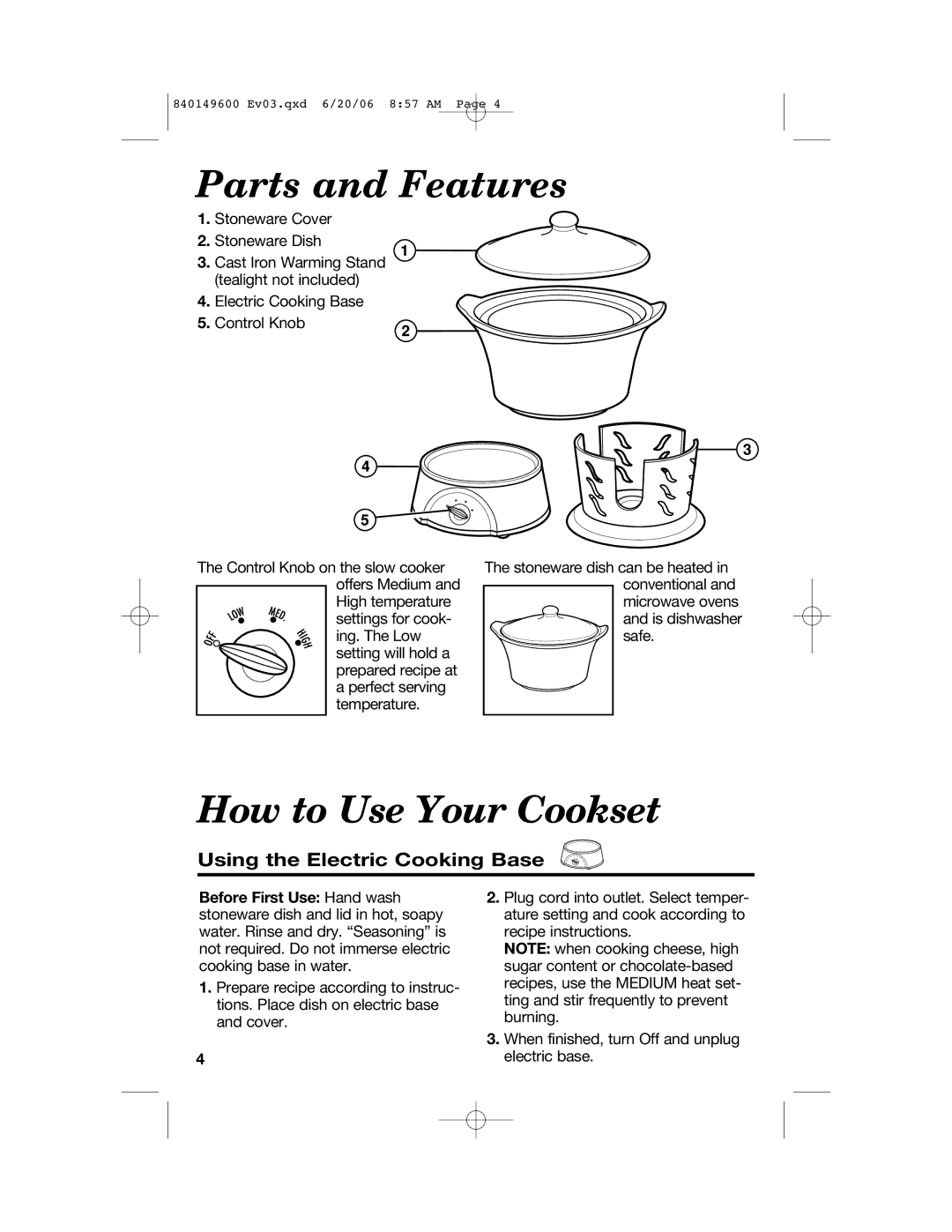 Hamilton Beach 840149600 manual Parts and Features, How to Use Your Cookset, Using the Electric Cooking Base 