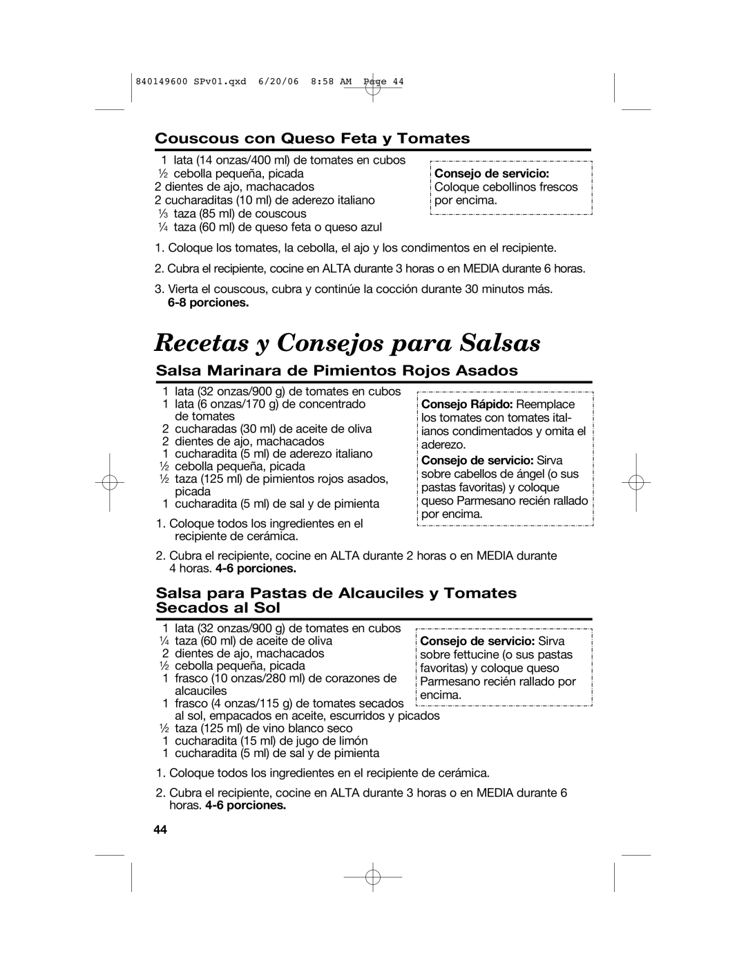 Hamilton Beach 840149600 manual Recetas y Consejos para Salsas, Couscous con Queso Feta y Tomates, Consejo de servicio 