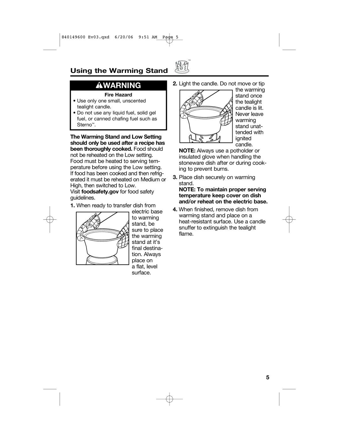 Hamilton Beach 840149600 manual Wwarning, Using the Warming Stand 