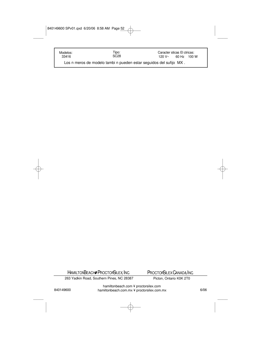 Hamilton Beach 840149600 manual Hamilton Beach PROCTOR-SILEX, INC 