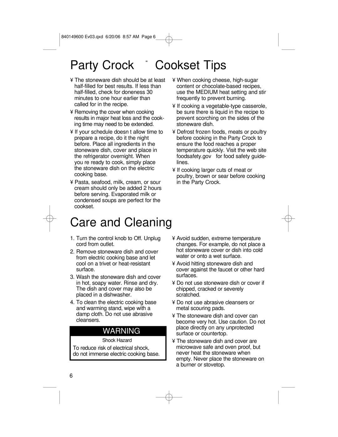 Hamilton Beach 840149600 manual Party Crock Cookset Tips 