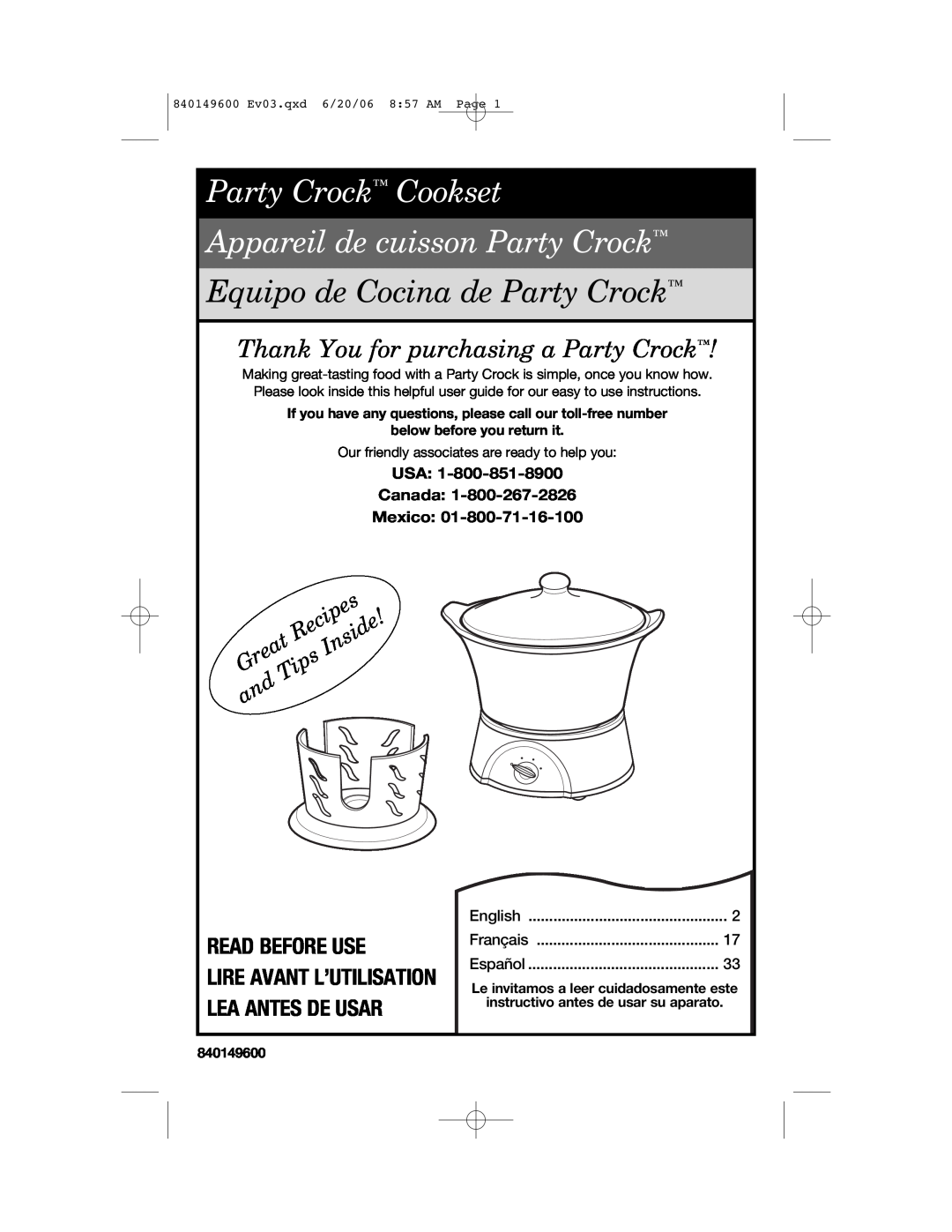 Hamilton Beach 840149600 manual Thank You for purchasing a Party Crock, Read Before Use, USA Canada Mexico, Recipes, Great 