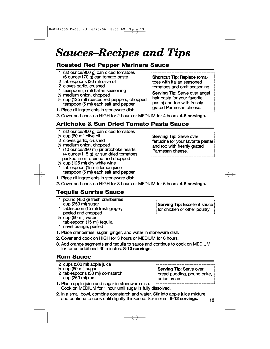 Hamilton Beach 840149600 manual Sauces-Recipesand Tips, Roasted Red Pepper Marinara Sauce, Tequila Sunrise Sauce, Rum Sauce 