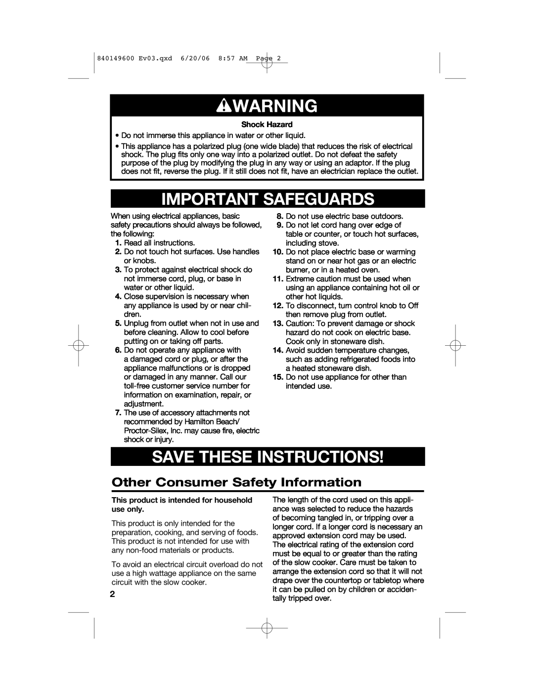 Hamilton Beach 840149600 manual wWARNING, Important Safeguards, Save These Instructions, Other Consumer Safety Information 