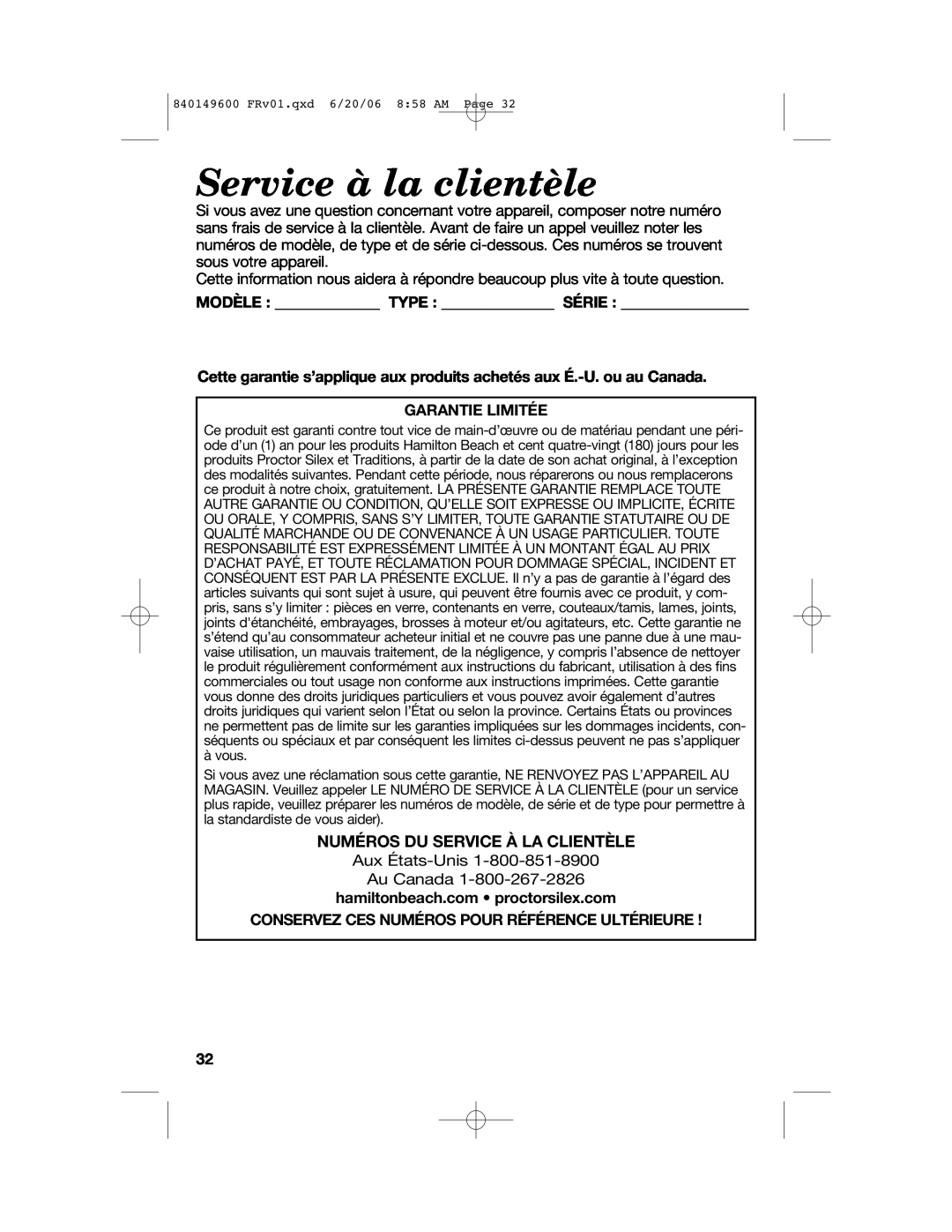 Hamilton Beach 840149600 manual Service à la clientèle, Numéros Du Service À La Clientèle, Garantie Limitée 