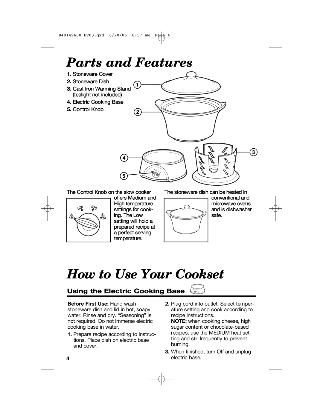 Hamilton Beach 840149600 manual Parts and Features, How to Use Your Cookset, Using the Electric Cooking Base 