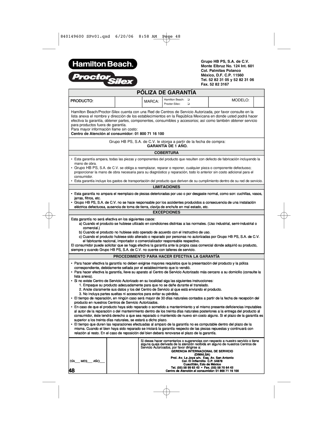 Hamilton Beach manual Póliza De Garantía, 840149600 SPv01.qxd 6/20/06 8 58 AM Page, Grupo HB PS, S.A. de C.V, Fax. 52 82 