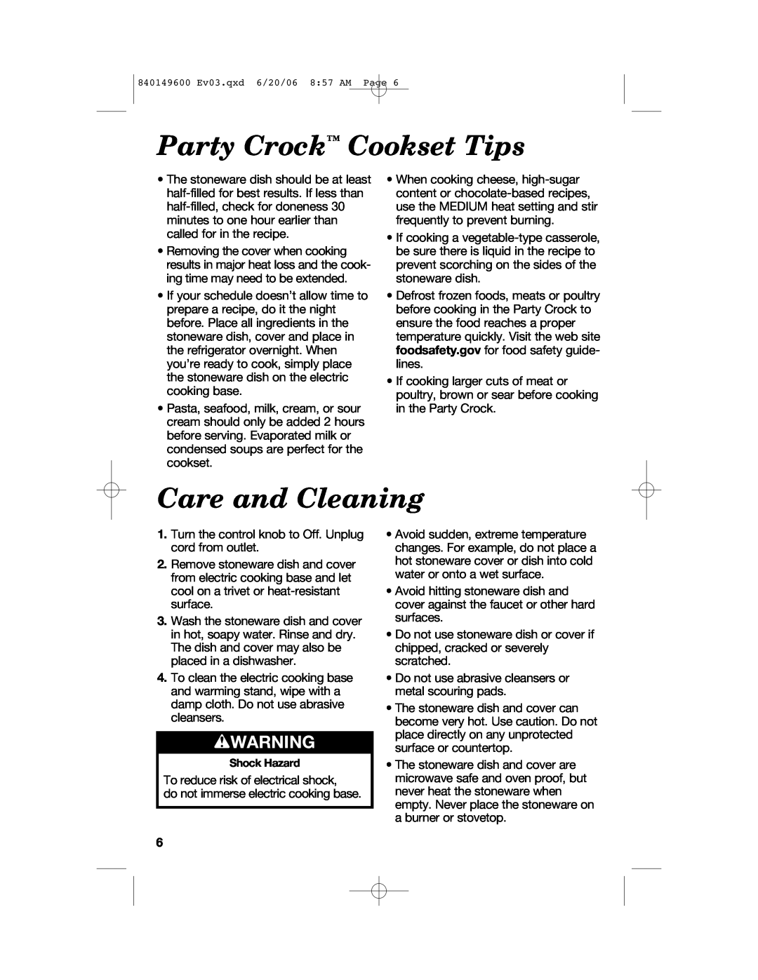 Hamilton Beach 840149600 manual Party Crock Cookset Tips, Care and Cleaning, wWARNING 