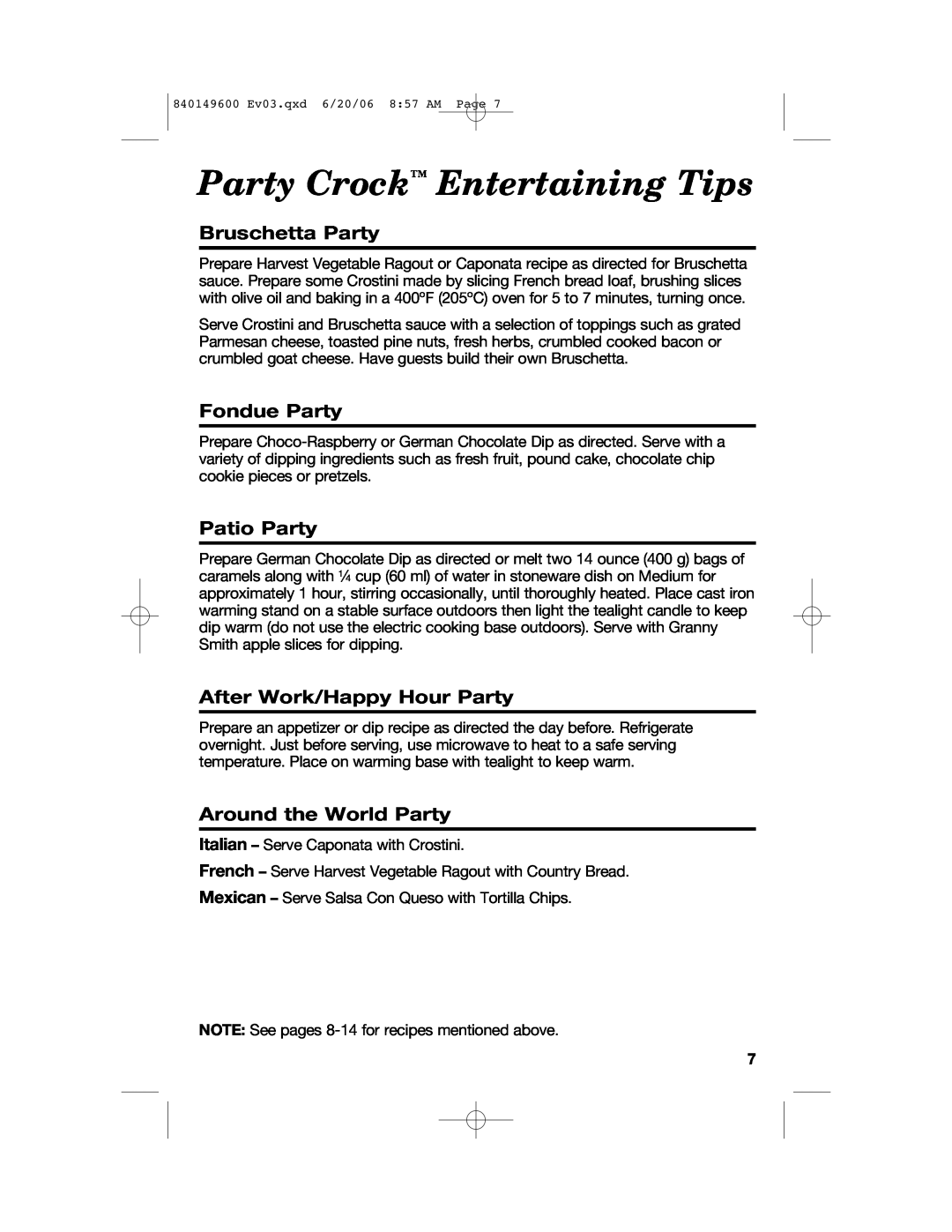 Hamilton Beach 840149600 manual Party Crock Entertaining Tips, Bruschetta Party, Fondue Party, Patio Party 